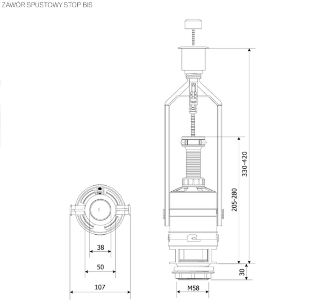 Зливний клапан K.K.POL ZSS/211, Stop, довгий BIS(350/ZSS/211-00-T1)