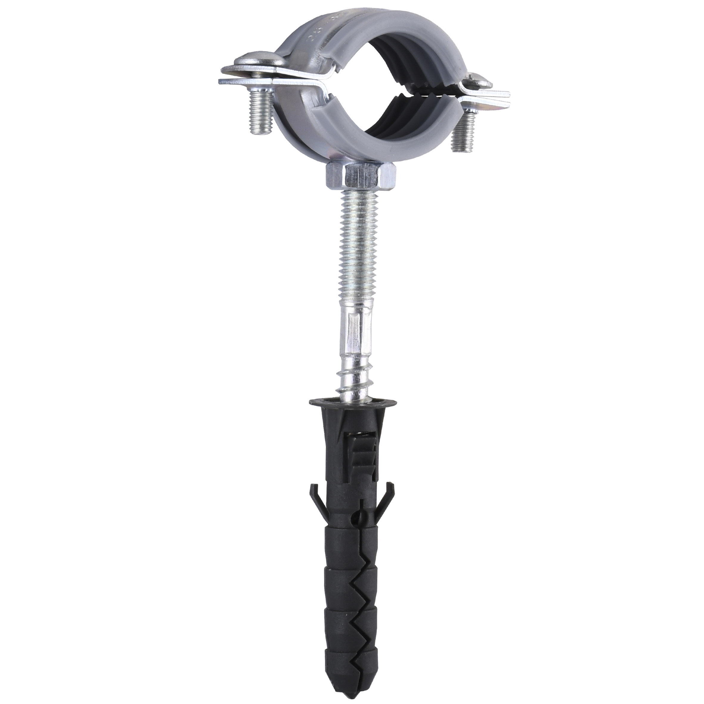 Хомут в зборi CR    3/4″ (25-30мм) з гвинтом-шурупом 8*80 та дюбелем в уп., сірий