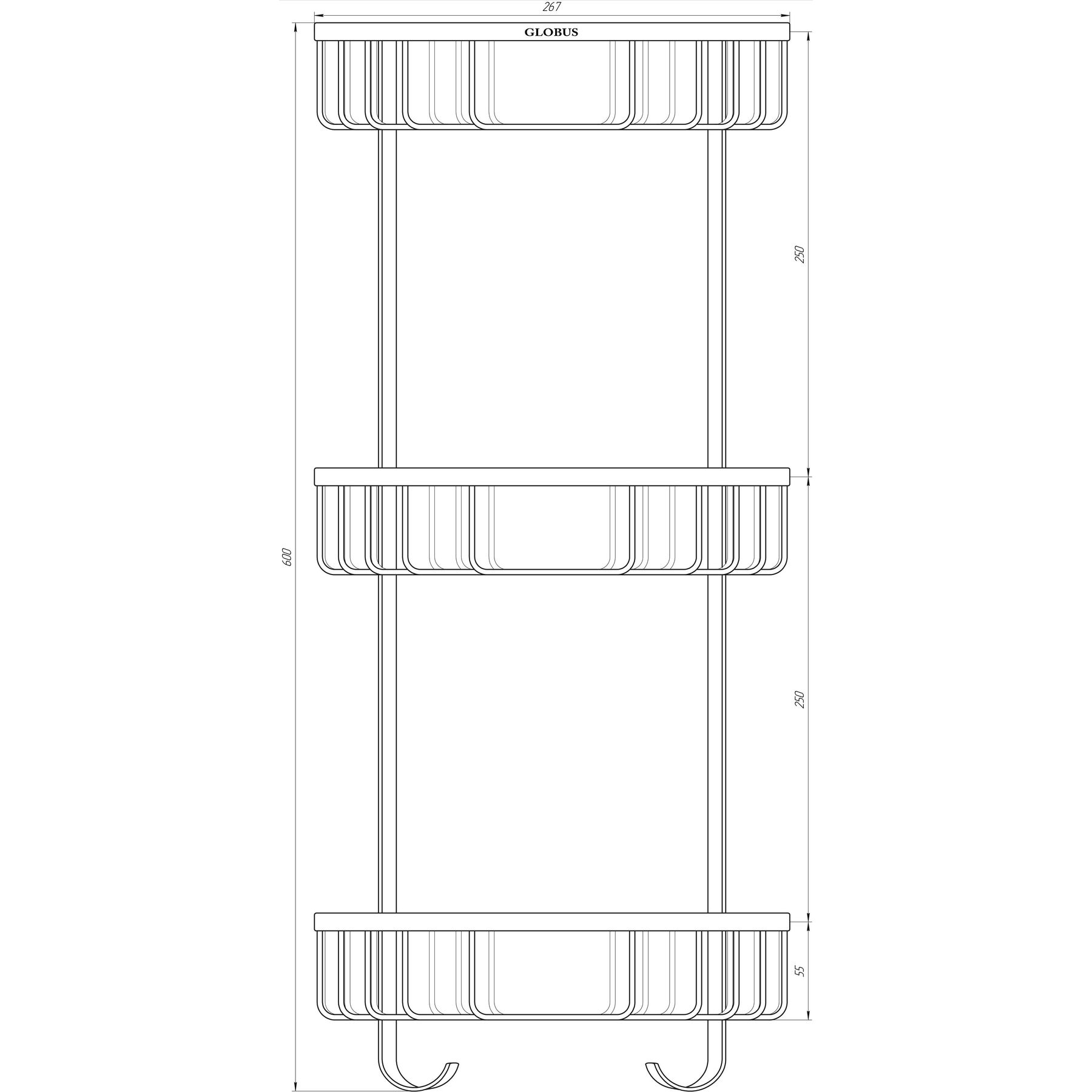Поличка в душову SS8477-кутова Потрійна НЕРЖ-SUS304-(200*200*600мм)-(Globus Lux)