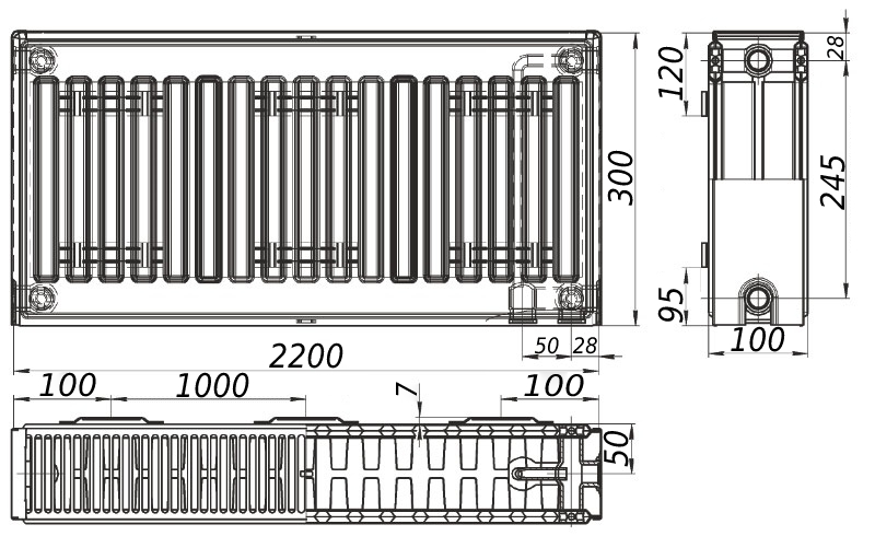 Радіатор сталевий панельний KALITE 22 низ/справа 300х2200 (без INNER)