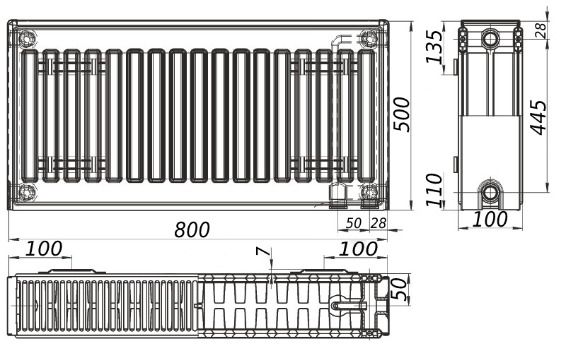 Радіатор сталевий панельний KALITE 22 низ/справа 500x800 (без INNER)