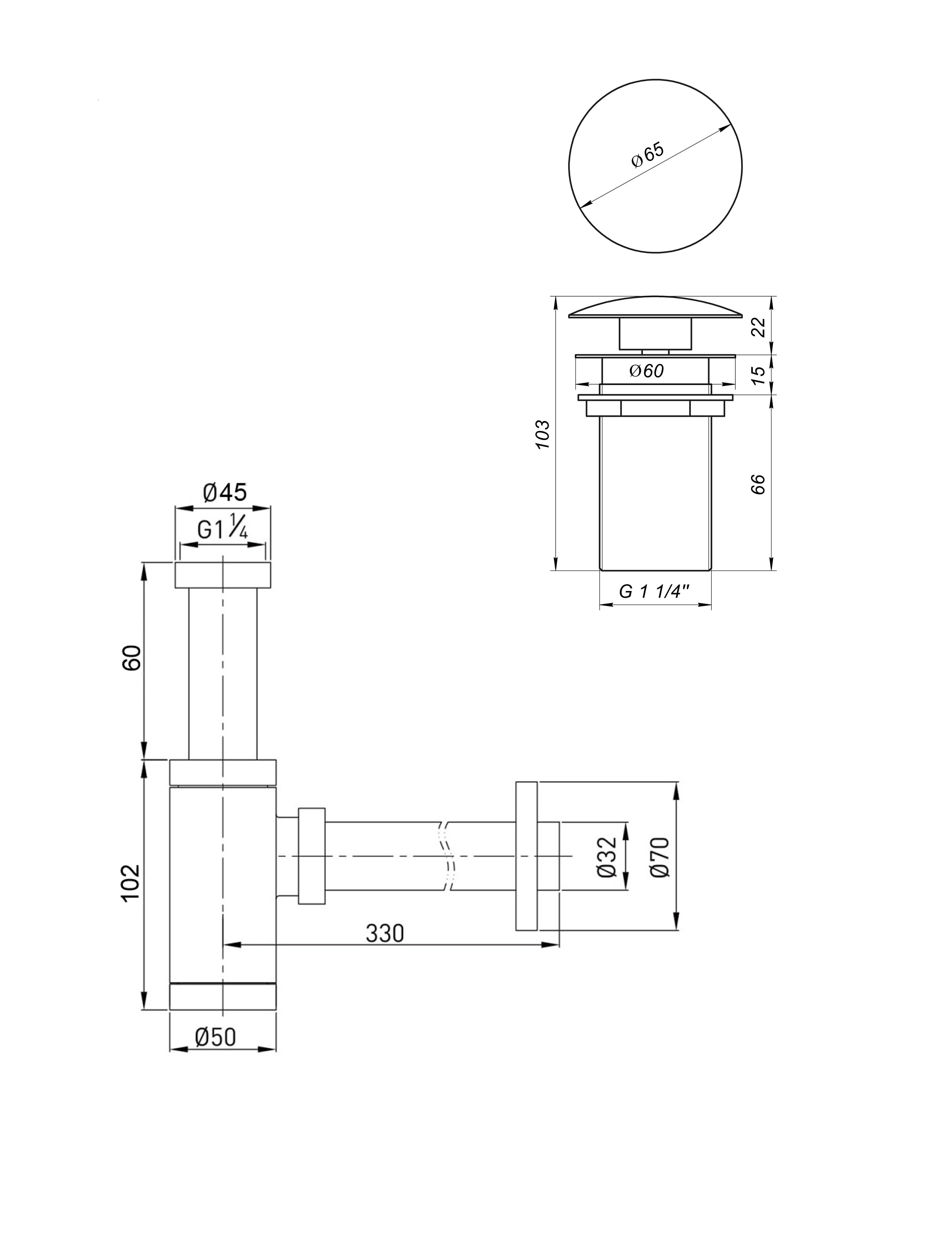 Сифон металевий з донним клапаном без переливу Globus Lux GS-32-105-03B