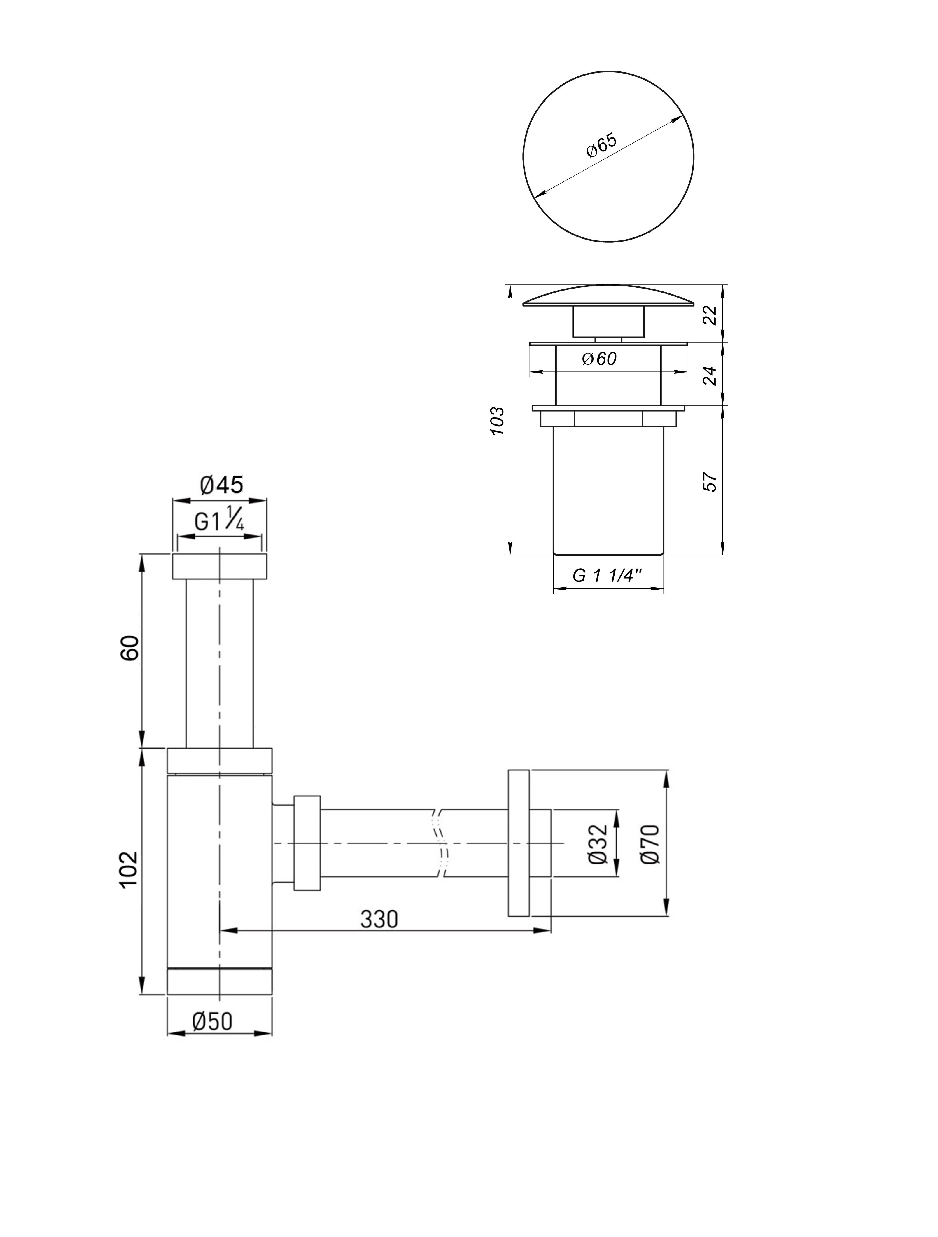 Сифон металевий з донним клапаном з переливом Globus Lux GS-32-105-03A