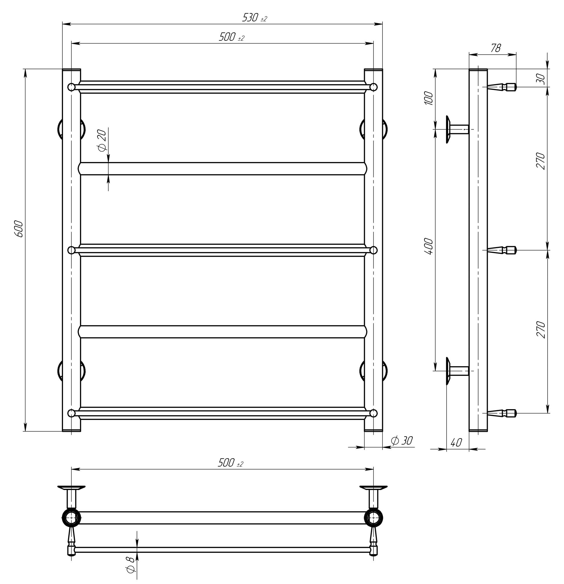 Рушникосушарка електрична Ladder П5 500х600 Deffi нержавіюча сталь (Хром, JD03, Праве підключення)