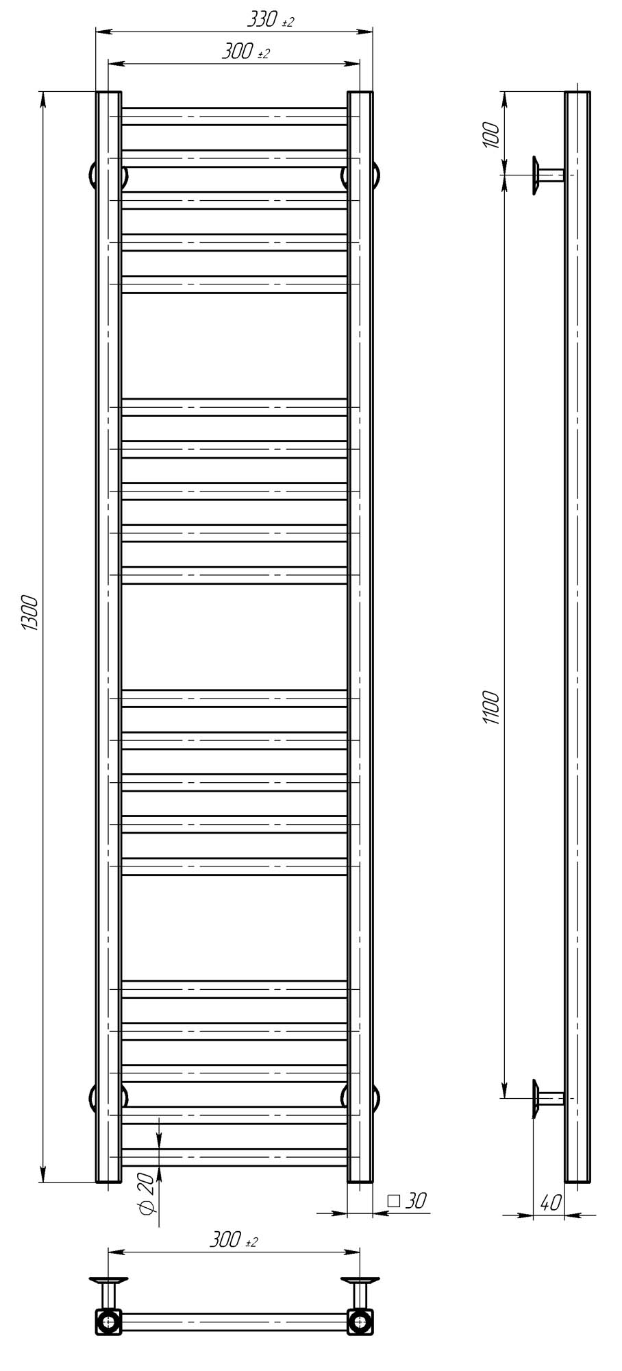 Рушникосушарка електрична Lima П20 300х1300 Deffi нержавіюча сталь (Хром, JD04, Ліве підключення)