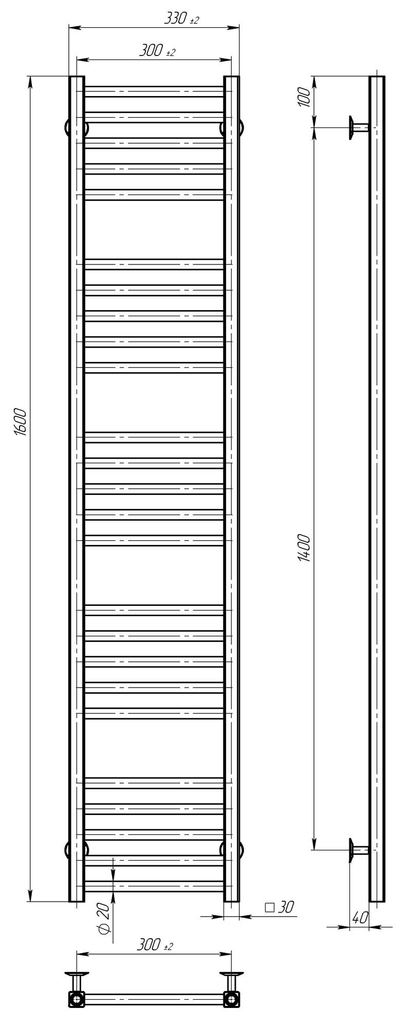 Рушникосушарка електрична Lima П25 300х1600 Deffi нержавіюча сталь (Хром, JD04, Праве підключення)