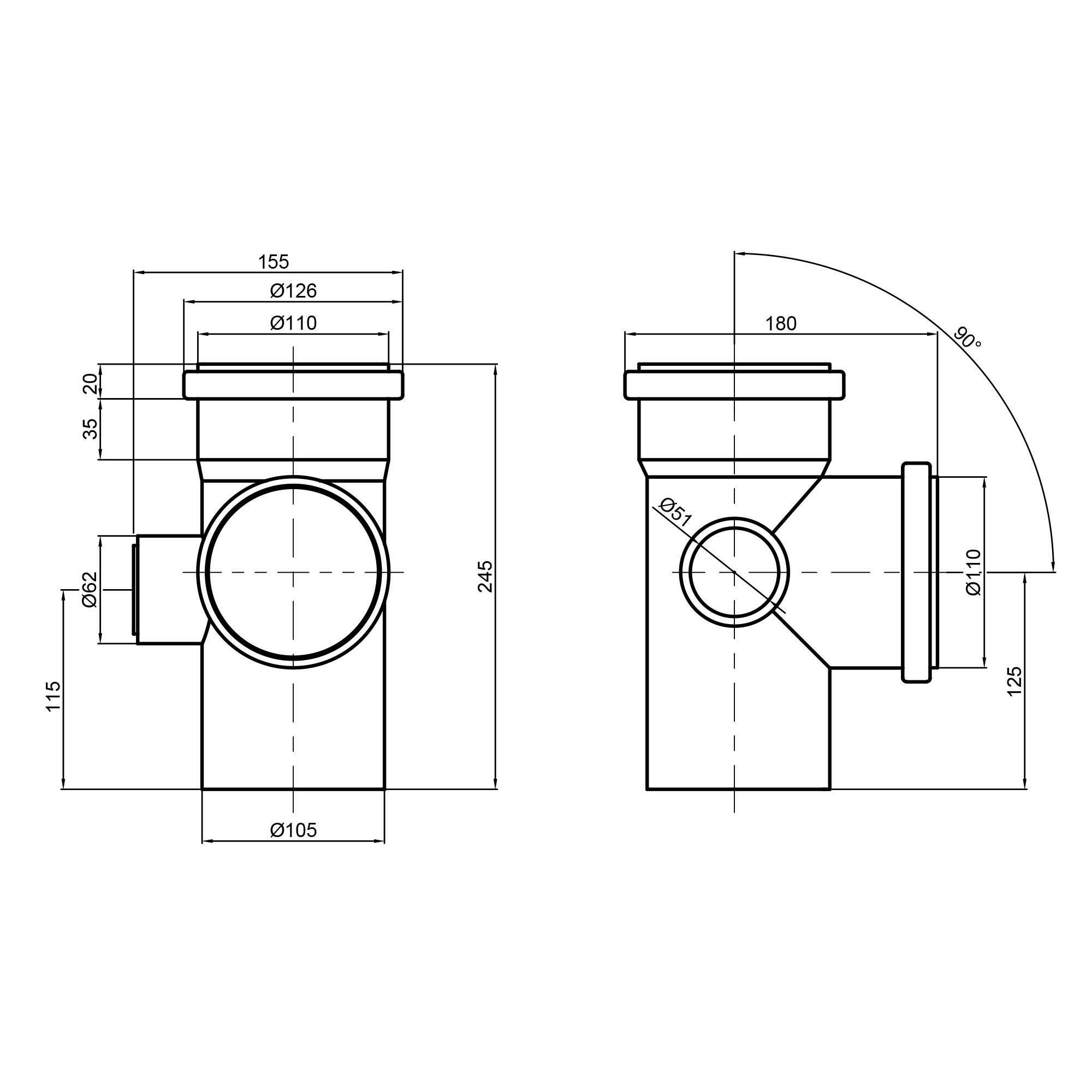 Хрестовина каналізаційна TA Sewage 110х110х110х50, 90° (ліва)