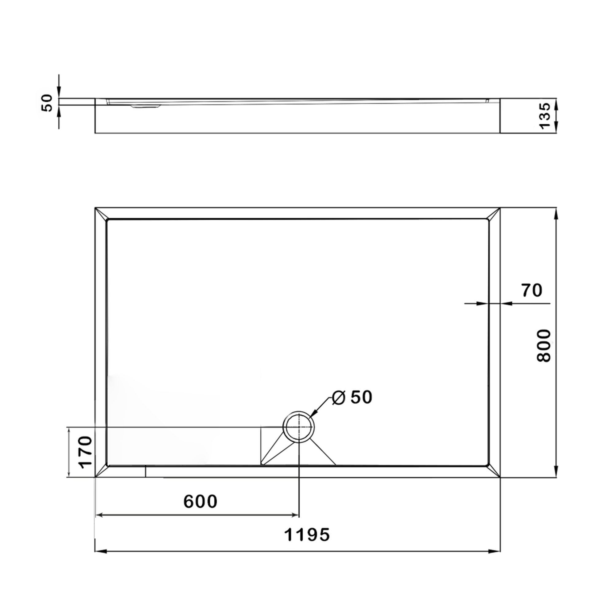 Душовий піддон KAPIELKA ST120x80х14 низький, прямокутний, діаметр зливу 52 мм Lidz