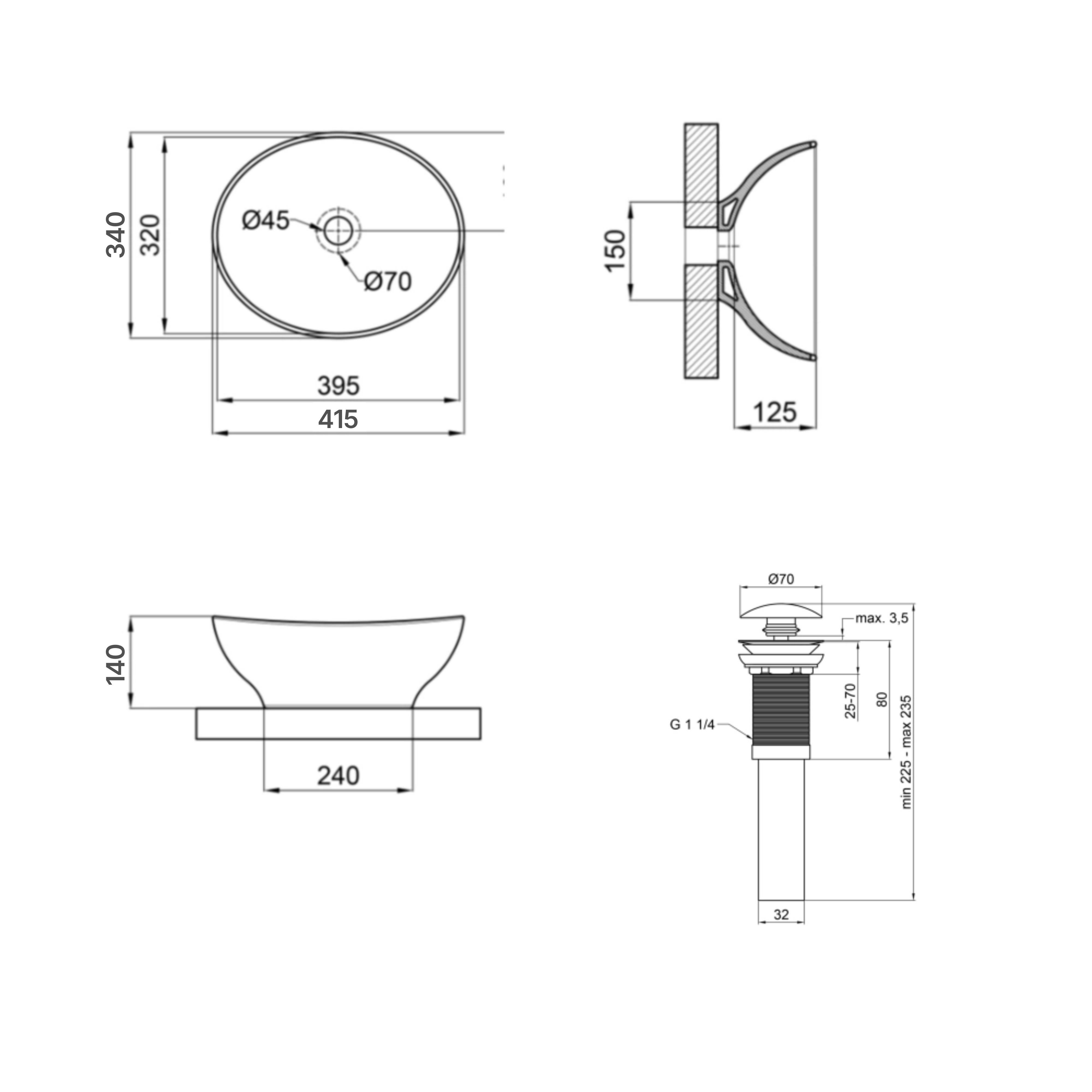 Комплект Qtap Dove: Раковина накладна овальна 410x335x145 мм Matt Black + Донний клапан PU03