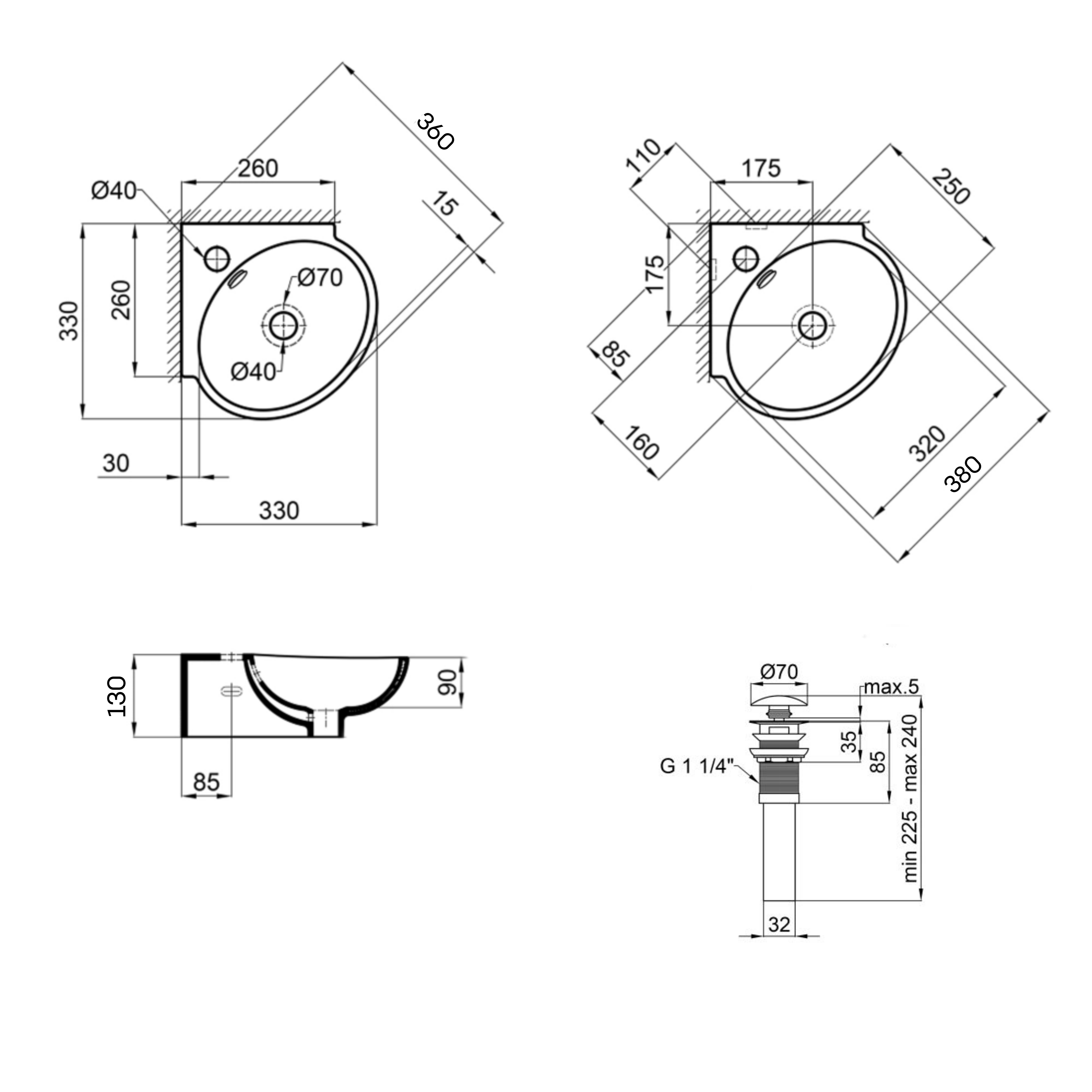 Комплект Qtap Leo N: Раковина підвісна угловая овальна 380x360x130 мм WHITE + Донний клапан PU02O