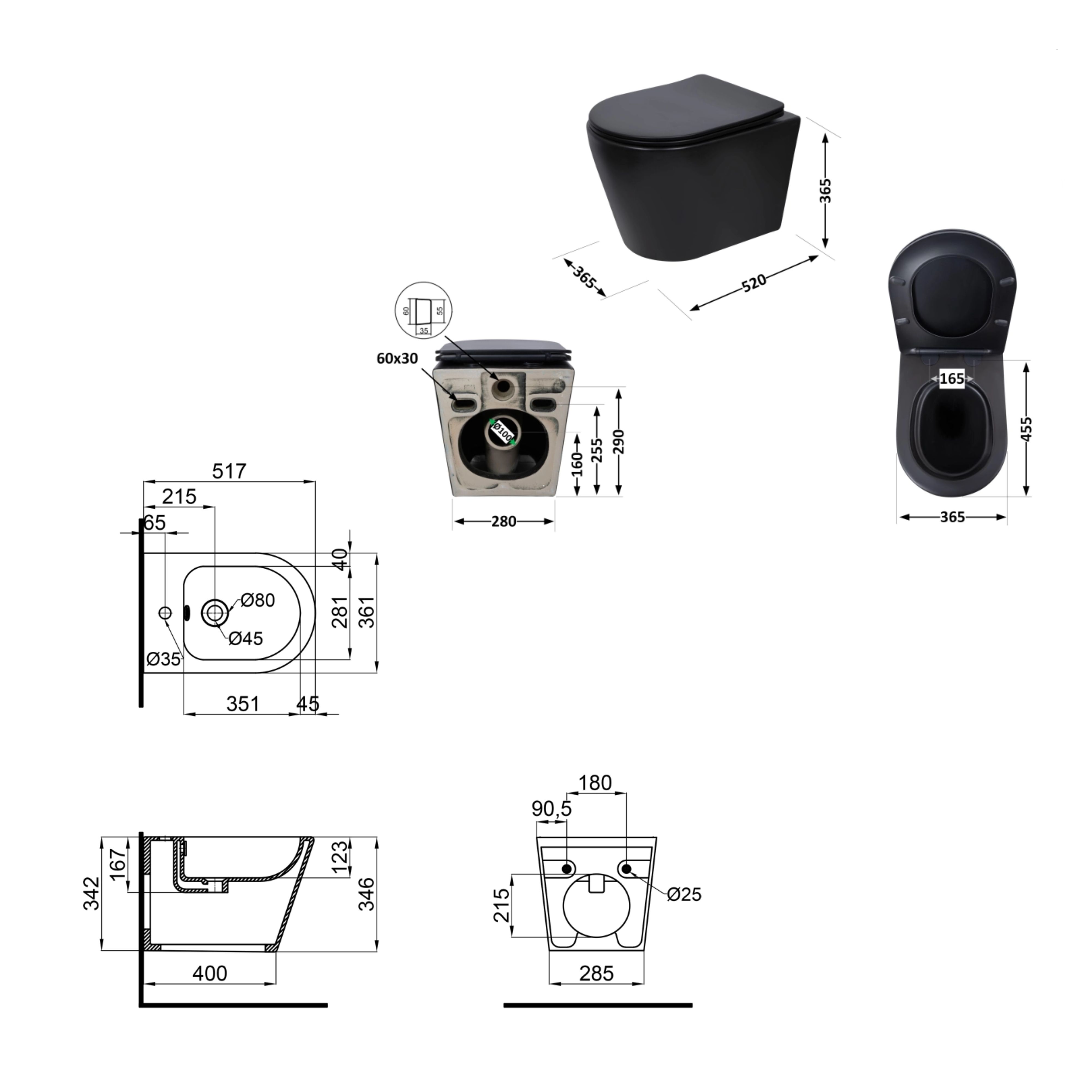 Комплект Qtap Scorpio Matt Black 2 в 1: унітаз підвісний Ultra Quiet QT14332380AMB + біде підвісне QT1455053FMB