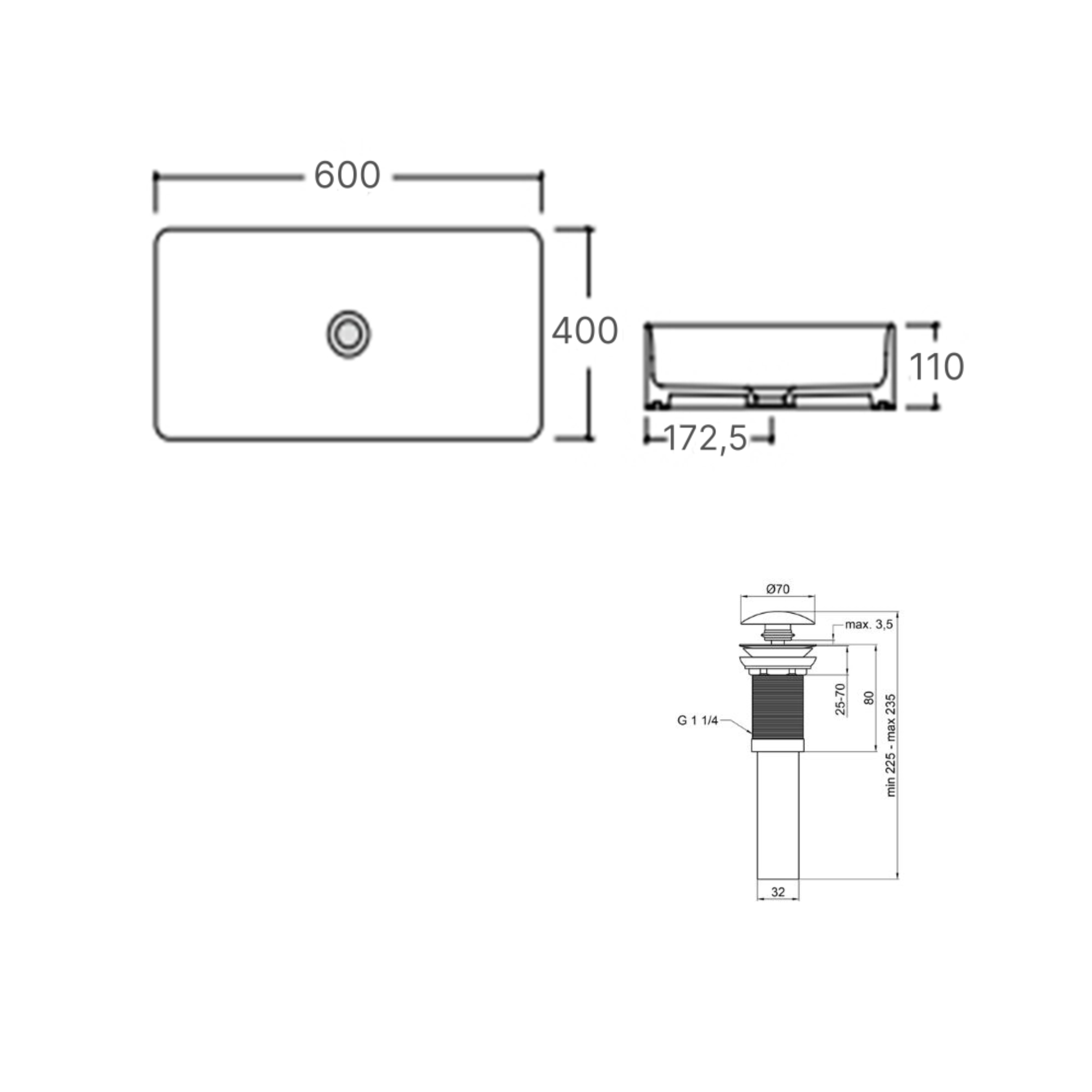 Комплект Qtap Tern: Раковина накладна прамокутна 600x405x110 мм WHITE + Донний клапан PU02