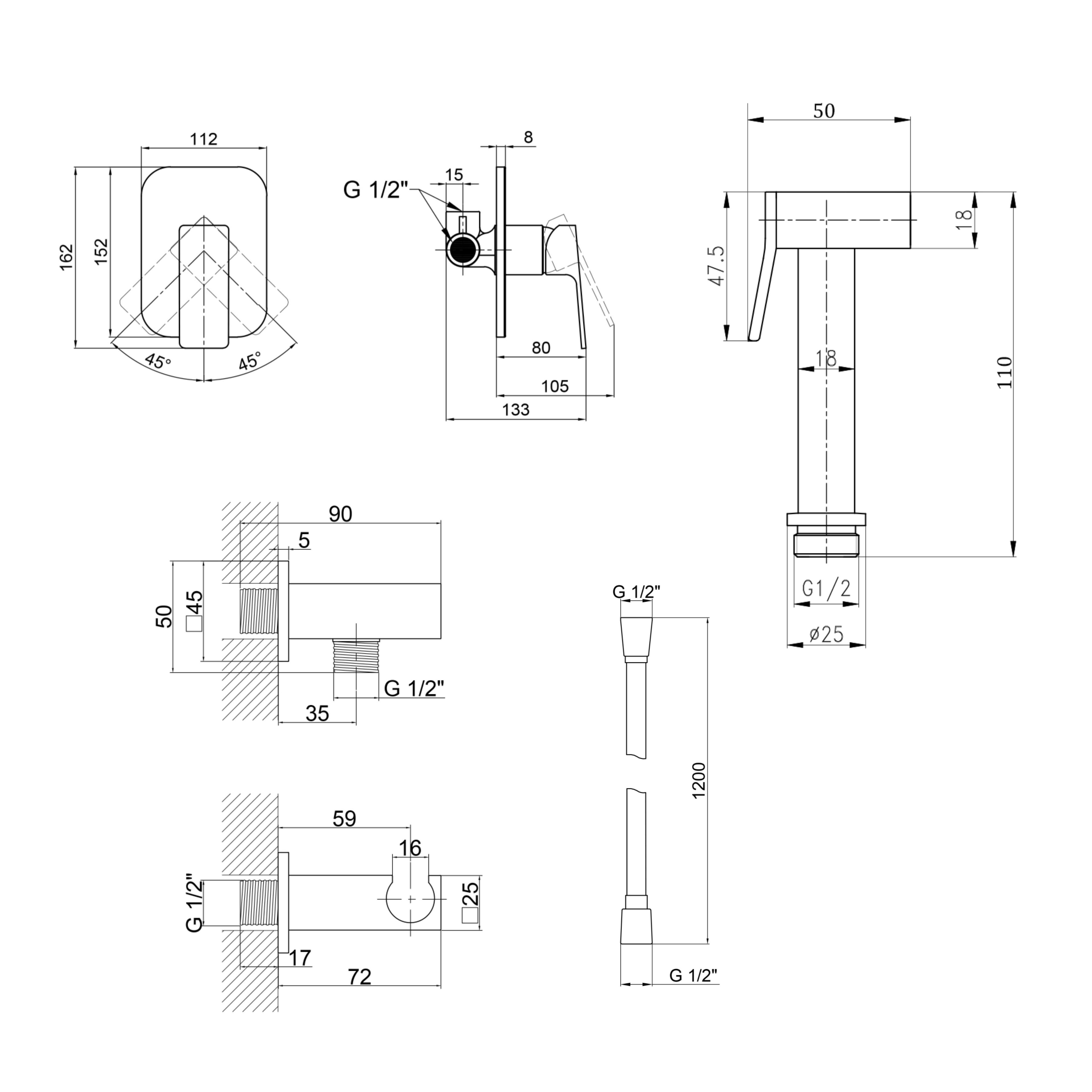 Комплект для душу Qtap Namesti Chrome: Змішувач QTNAM6025102NC + Шланг QTHADPVC120C + Лійка QTCRMB120 + Підключення QTCRMBH130