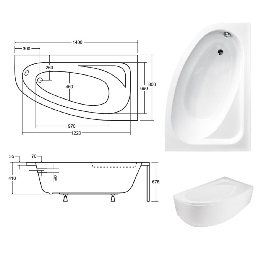 Ванна акрилова асиметрична Cornea 140x80 R з ногами і панеллю ( А0050978 )