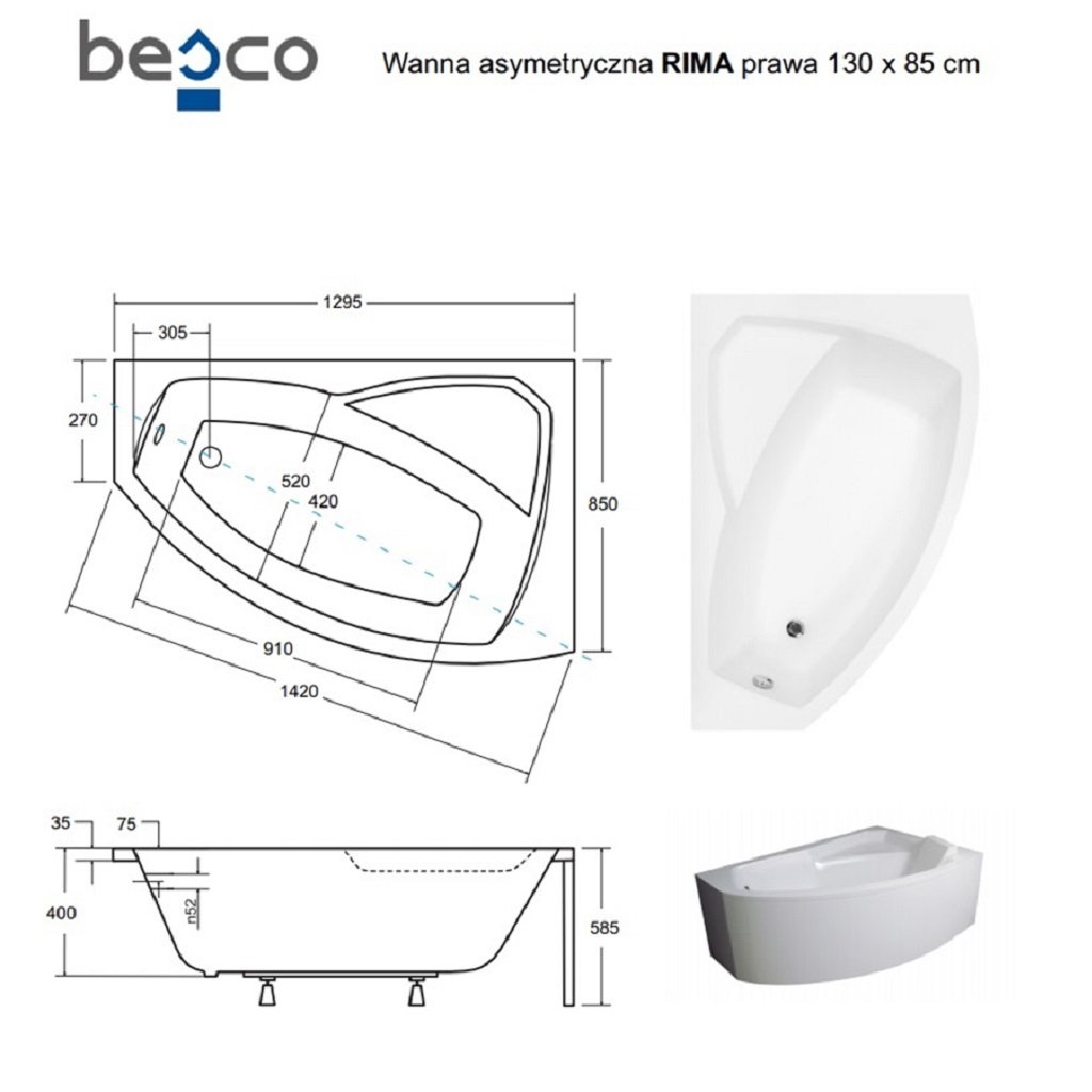 Ванна акрилова асиметрична Rima 130x85 R ( А0050998 )