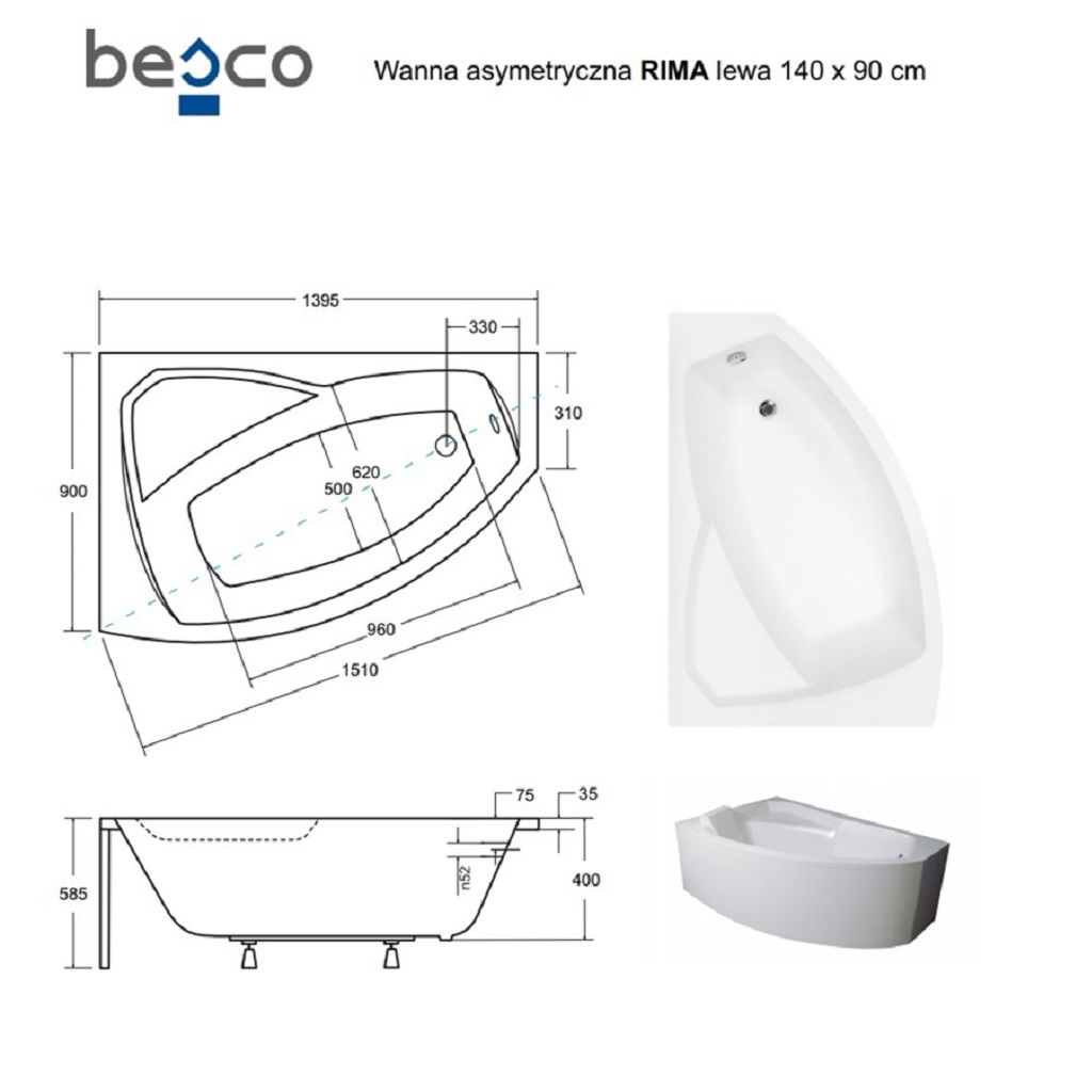 Ванна акрилова асиметрична Rima 140x90 L ( А0050999 )