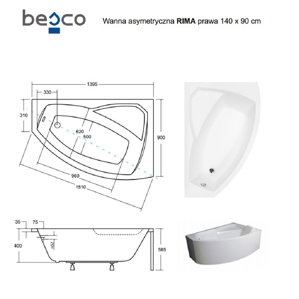 Ванна акрилова асиметрична Rima 140x90 R ( А0051000 )