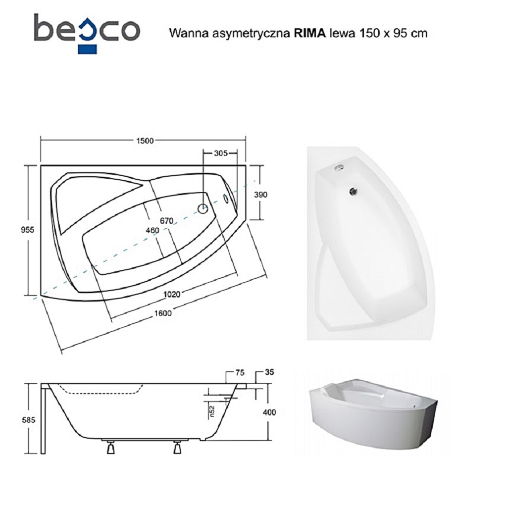 Ванна акрилова асиметрична Rima 150x95 Л ( А0051001 )