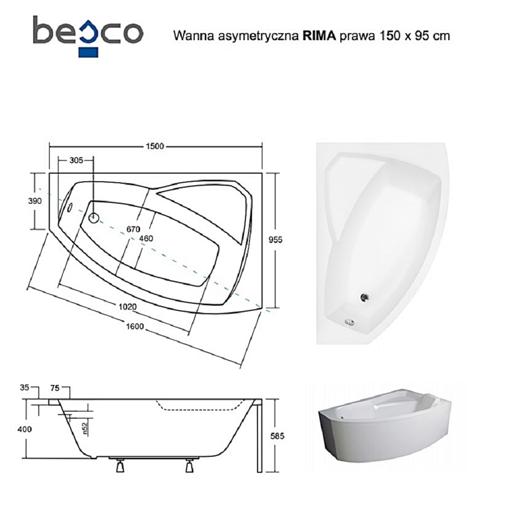 Ванна акрилова асиметрична Rima 150X95 R ( А0051002 )