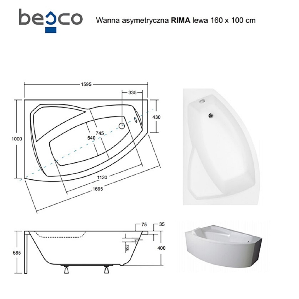 Ванна акрилова асиметрична Rima 160x100 L ( А0051003 )