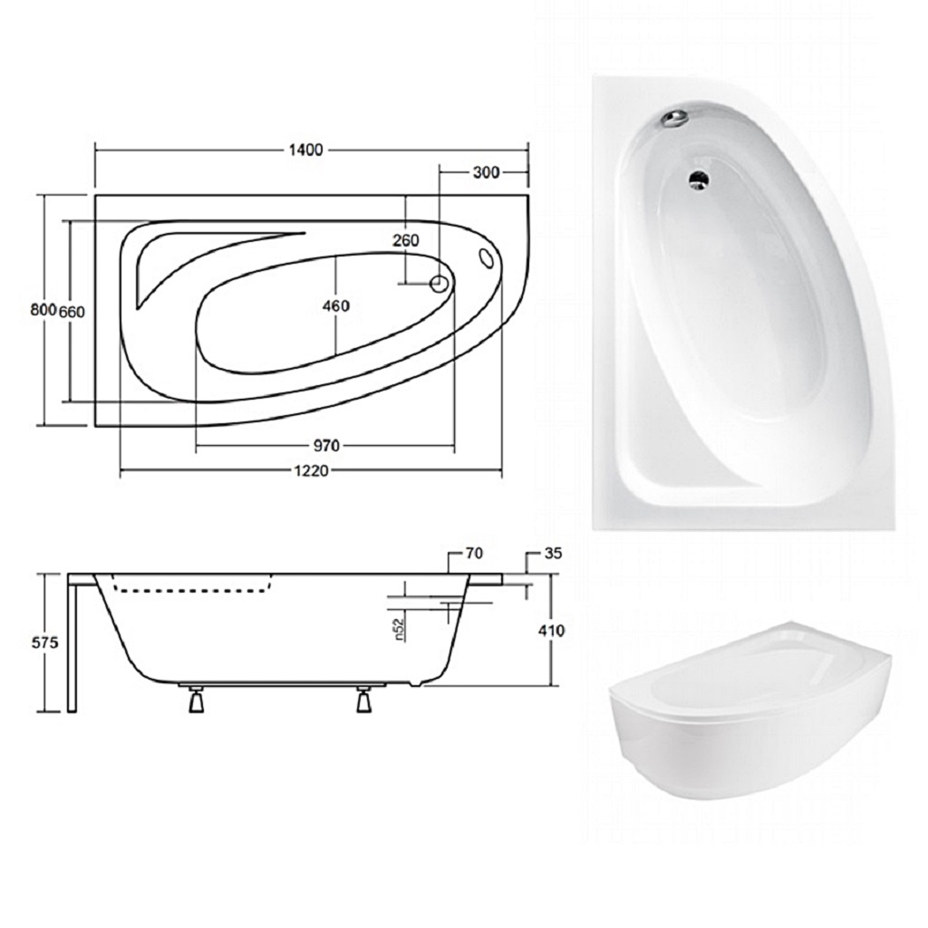 Ванна акрилова асиметрична Cornea 140x80 L з ногами і панеллю ( А0051183 )